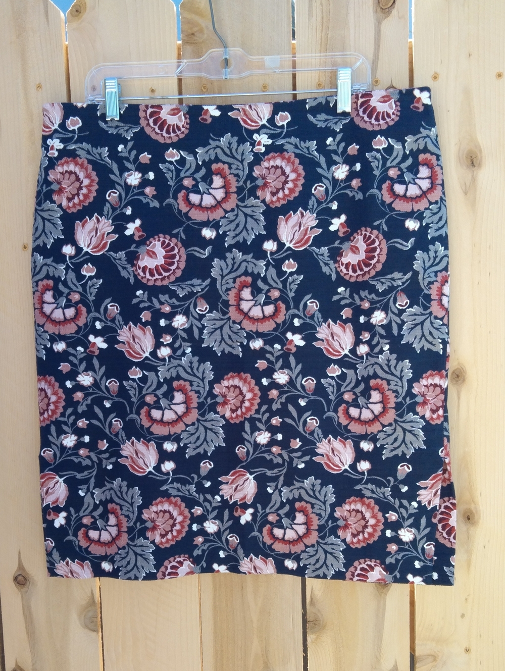 Loft Outlet Navy Blue Floral Side Slit Jacquard Pencil Skirt Women's Size 16